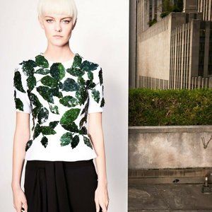 *$3,390 OSCAR DE LA RENTA NEW STUNNING BEADED LEAF RUNWAY  TOP BLOUSE US 0 XS